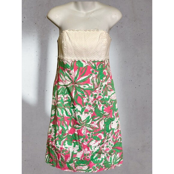 Lilly Pulitzer Strapless Dress Size 4 Tie Back Floral White Green Pink EUC!!! - Picture 1 of 4